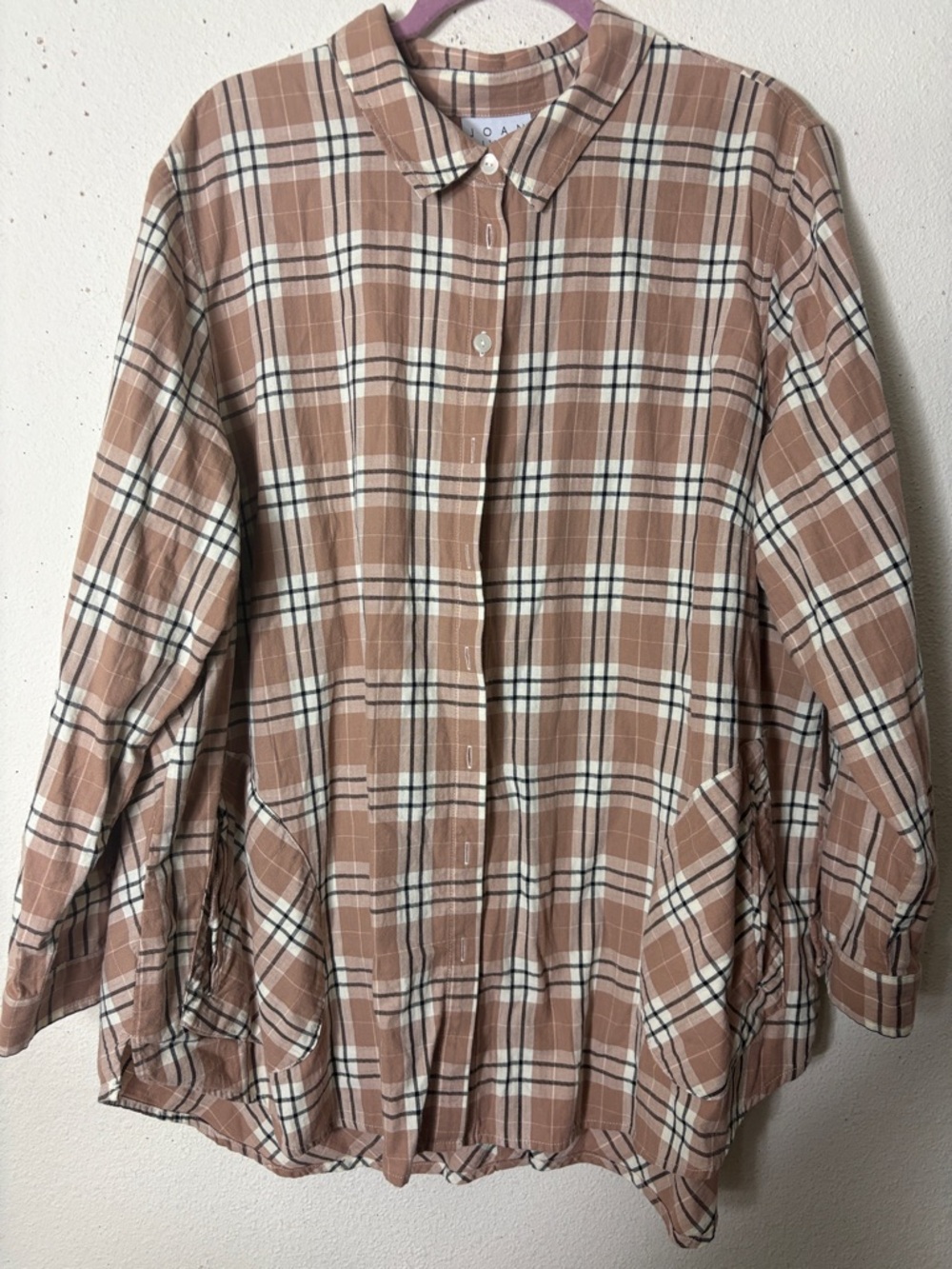 Joan rivers Cozy Plaid Shacket in Blush and Cream 2X